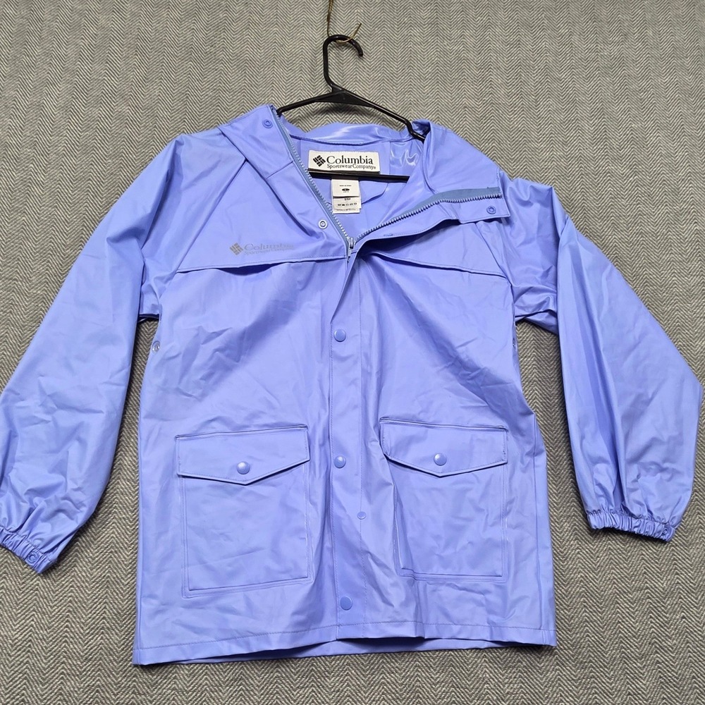 Columbia Youth Rain Jacket Periwinkle Blue‎ Hooded PVC Shell RY0180 Size Large